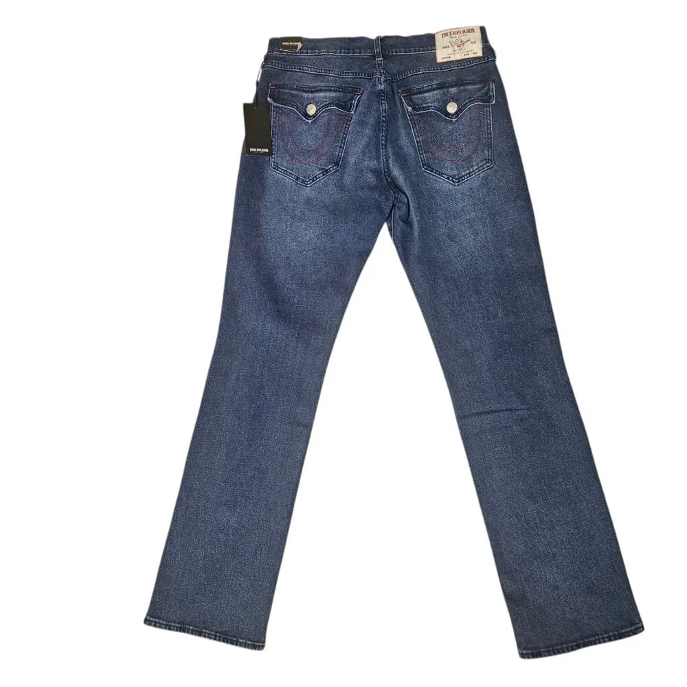 NWT TRUE RELIGION Men Ricky Relaxed Straight Jeans 33x34 Flap Pockets Red Stitch